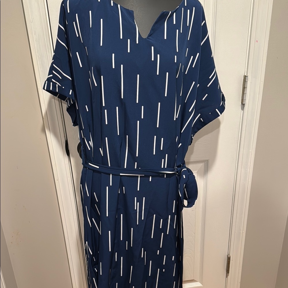 SHEIN Blue and White Wrap Midi Dress with Dolman Sleeves